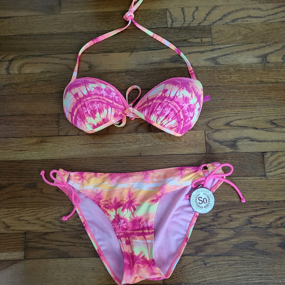 So Juniors 2 Piece Bikini Bathing Suit Tropical Neon Top XL Bottom L Halter...